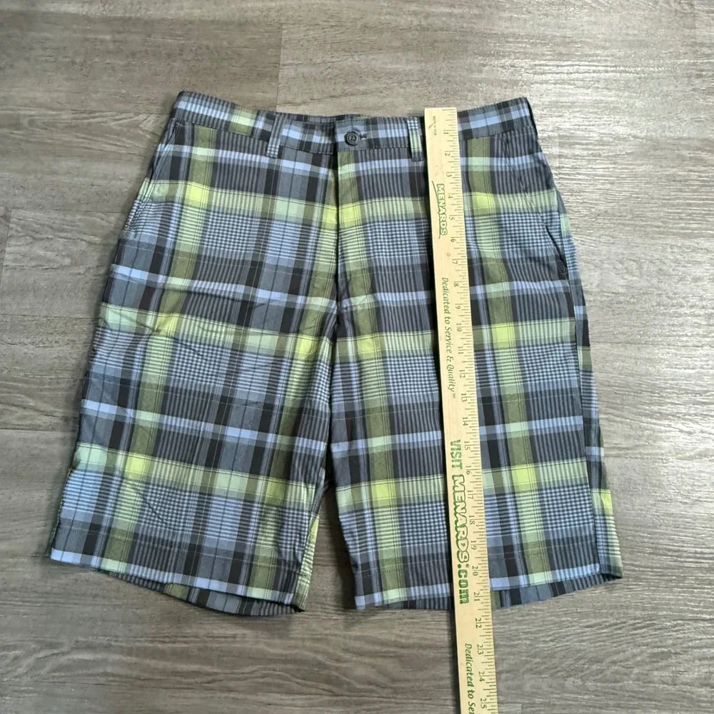 PGA Tour Mens Golf Shorts 32‎ Blue Lime Green Plaid Accessory Pocket Stretch